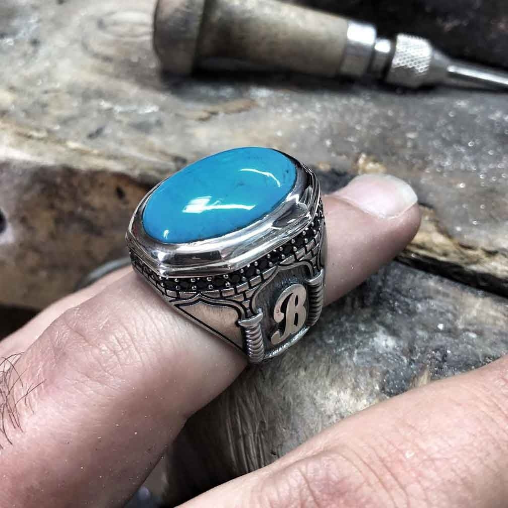 Gental Gems by Karat Kings | Unique Handmade Turkish Style Custom Name Initial Letter Ring with Natural Irani Turquoise (Firoza) |  Sterling Silver Oxidized Ring