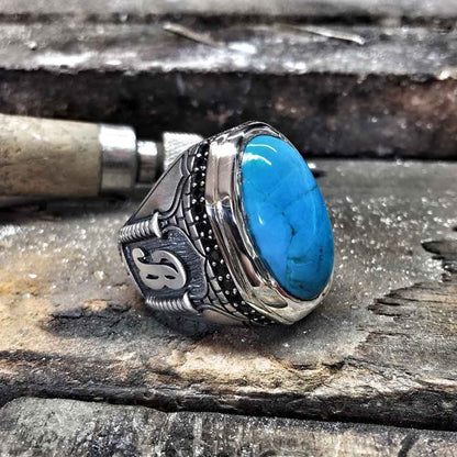 Gental Gems by Karat Kings | Unique Handmade Turkish Style Custom Name Initial Letter Ring with Natural Irani Turquoise (Firoza) |  Sterling Silver Oxidized Ring