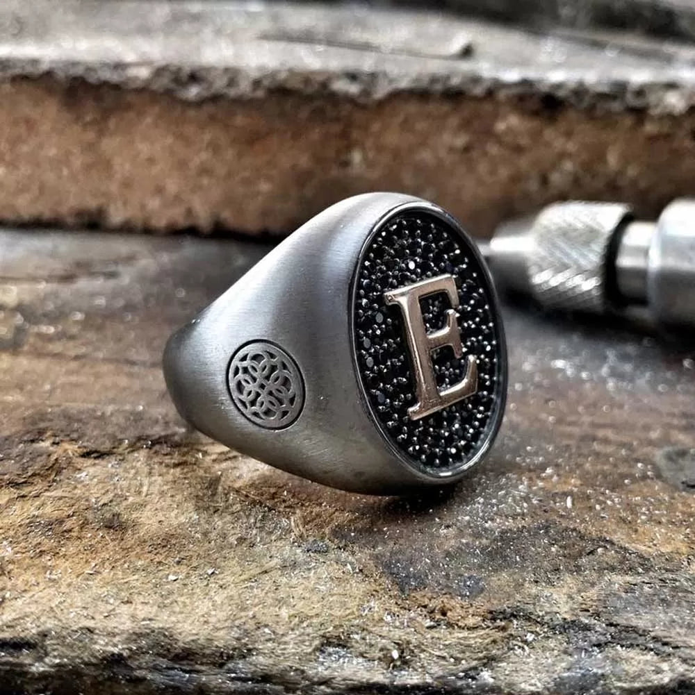 Gental Gems by Karat Kings | Exclusive Personalized Name Initials Ring Studded with Black Zircon | Sterling Silver  Ring | Jewelry for Men| With Certificate of Authenticity and  Hallmark
