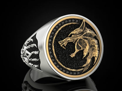 Gental Gems by Karat Kings | Unique Designed Wolf Witcher Face Ring |  Sterling Silver Oxidized Ring Studded with Black Zircons stones | Men's Jewelry | With Certificate of Authenticity and  Hallmark