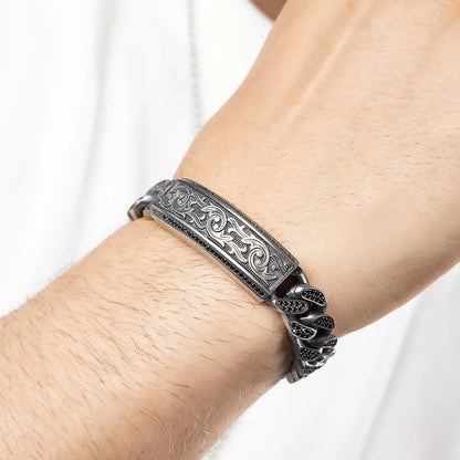 Gental Gems by Karat Kings | 16mm Unique Hand Engraved Black Iced Cuban Link Bracelet for Men | Dark Oxidized 925 Silver Bracelet Jewelry Authenticity and 925