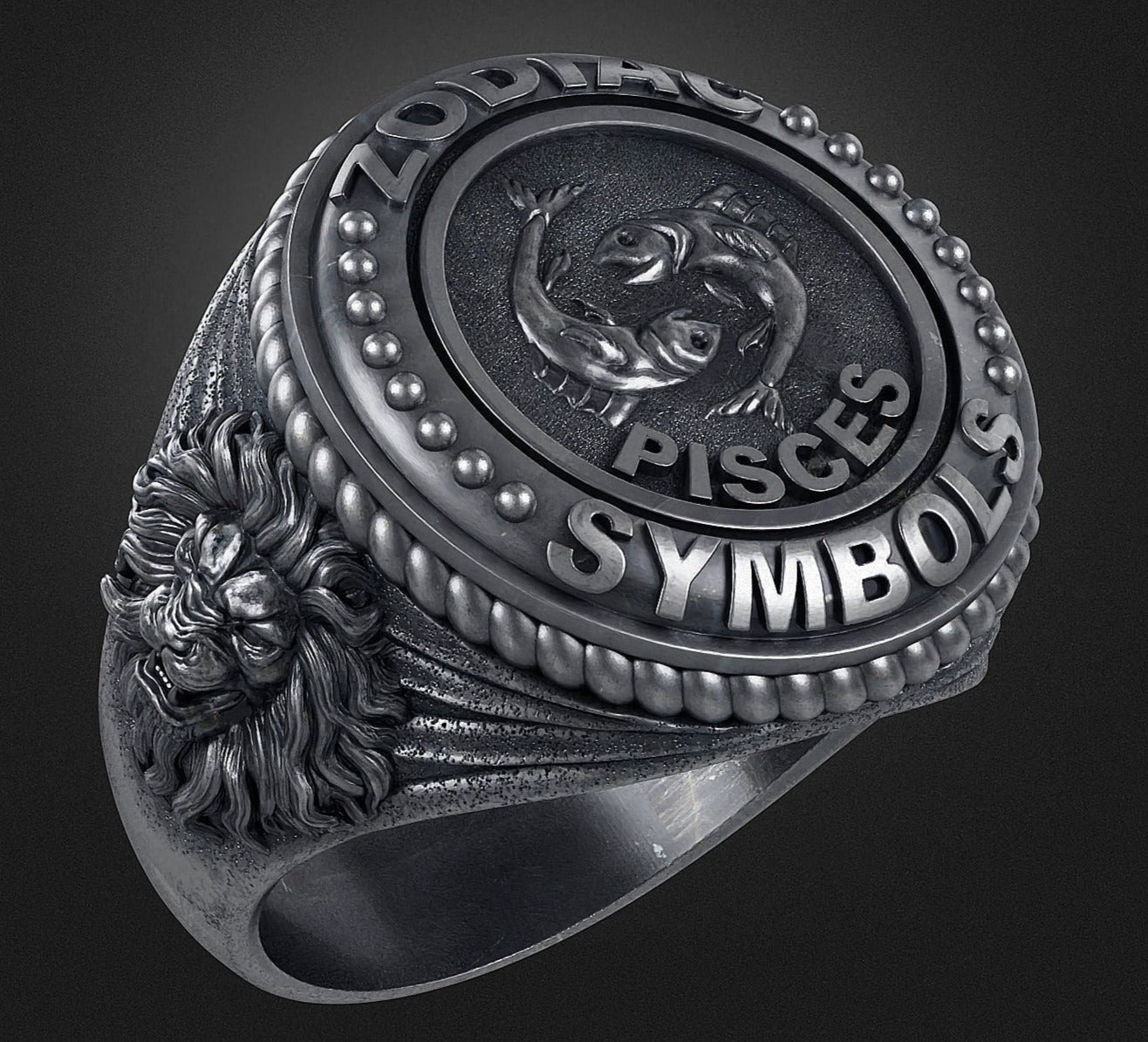 Gental Gems by Karat Kings | Unique Designed Pisces Zodiac Ring with Lion |  Sterling Silver Oxidized Ring