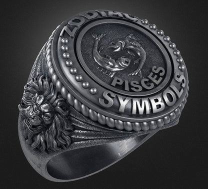 Gental Gems by Karat Kings | Unique Designed Pisces Zodiac Ring with Lion |  Sterling Silver Oxidized Ring